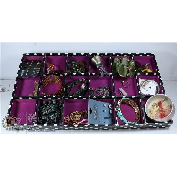 LARGE POLKA DOT TRAY W/ VINTAGE JEWELRY