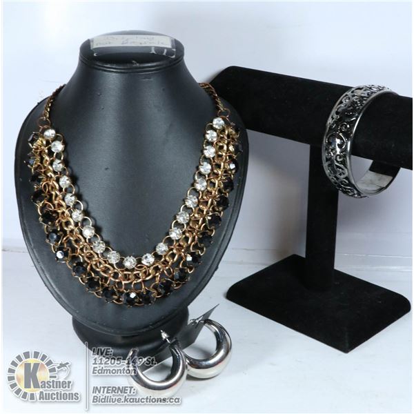 GOLD & RHINESTONE,SILVER HOOPS & UNIQUE BANGLE