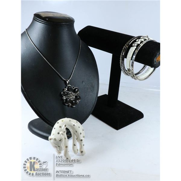 WHITE RHINESTONE JAGUAR BROOCH,& BANGLES