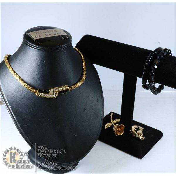 BLACK & GOLD TONE JEWELRY CAT & ROSE RHINESTONES