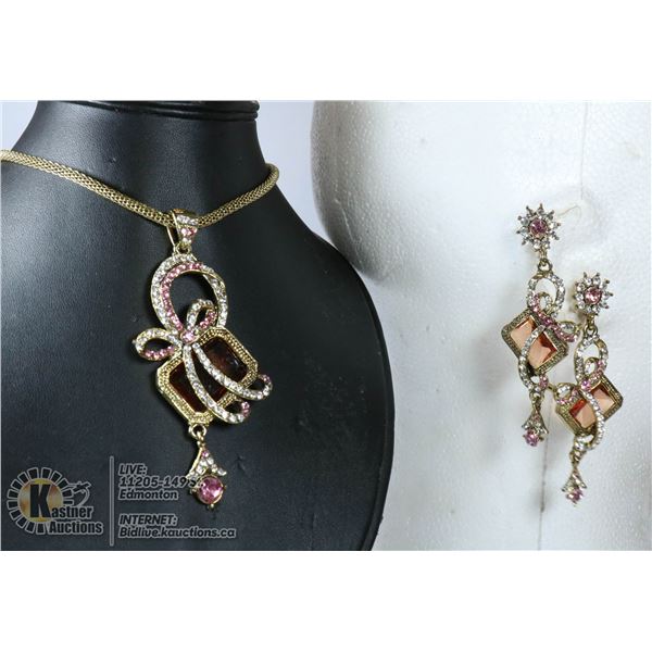 PINK & RHINESTON NECKLACE & EARRINGS SET