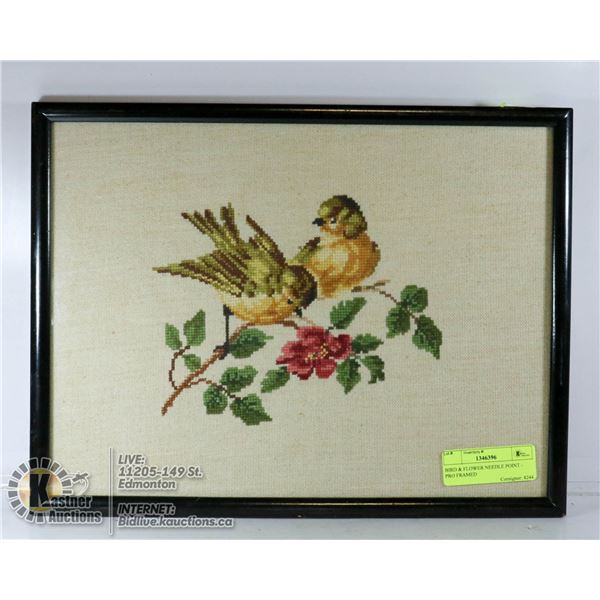 BIRD & FLOWER NEEDLE POINT - PRO FRAMED