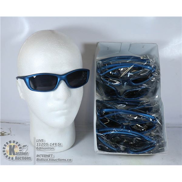 BOX OF MATTE BLUE DESIGNER STYLE SUNGLASSES.