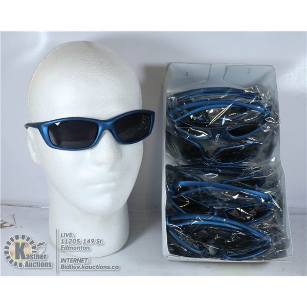 BOX OF MATTE BLUE DESIGNER STYLE SUNGLASSES.