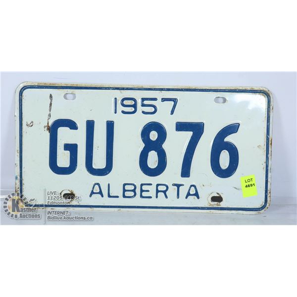 1957 ALBERTA LOW NUMBER LICENSE PLATE.