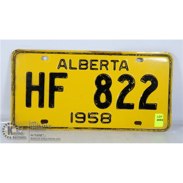 1958 ALBERTA LOW NUMBER LICENSE PLATE.