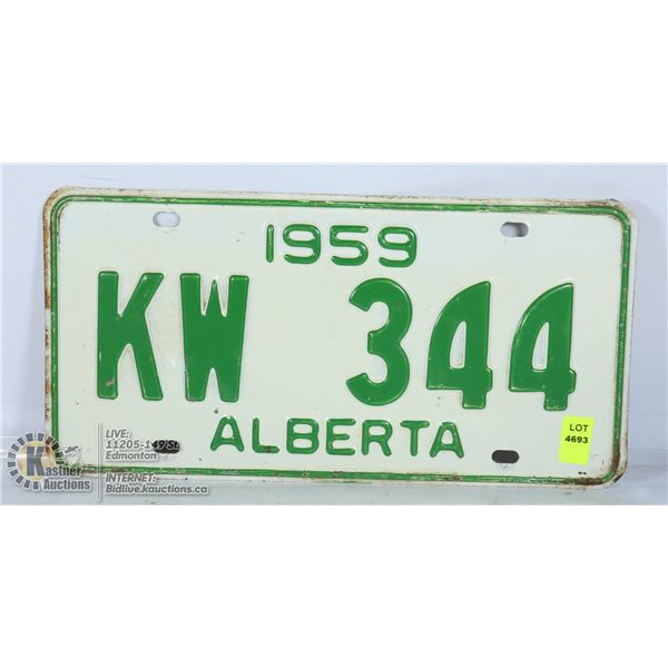 1959 ALBERTA LOW NUMBER LICENSE PLATE.