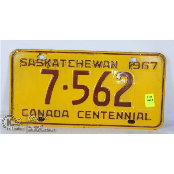 1967 SASKATCHEWAN LOW NUMBER LICENSE PLATE.