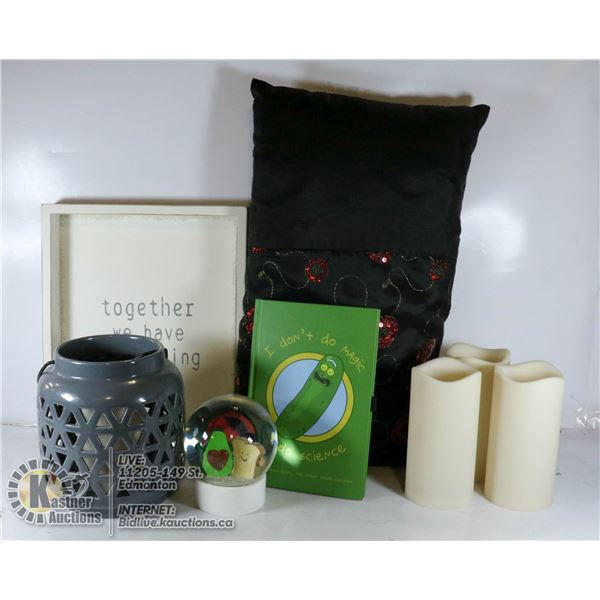 WALL HANGING & NOTE BOOK & 3 FAUX CANDLES