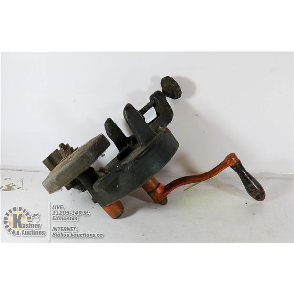 VINTAGE HAND CRANK GRINDING STONE
