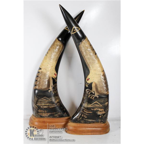CARVED EAGLE BULL HORN BOOKENDS