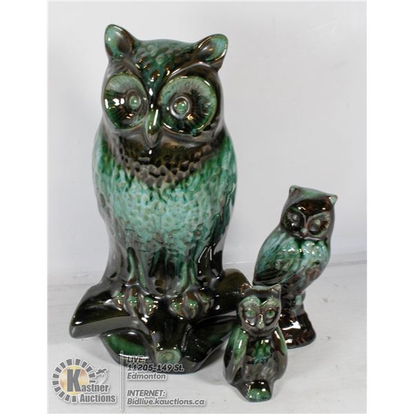 BLUE MOUNTAIN POTTERY- "OWLS" SET OF 3- 10" & 5