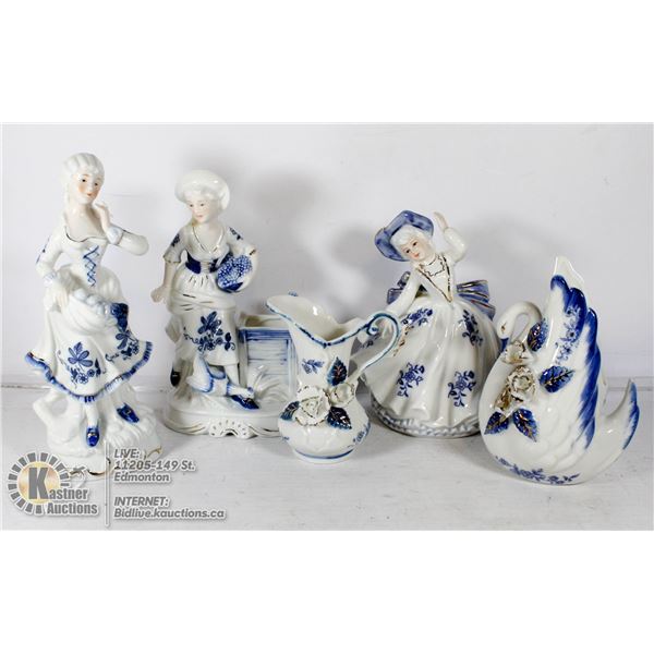 BLUE & WHITE PORCELAIN FIGURINES- SET OF 3