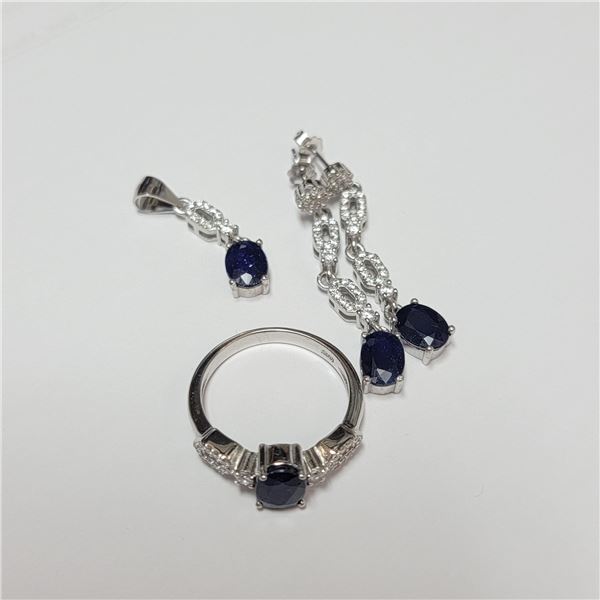 BZ390-105 SILVER SAPPHIRE RING EARRING AND PENDANT