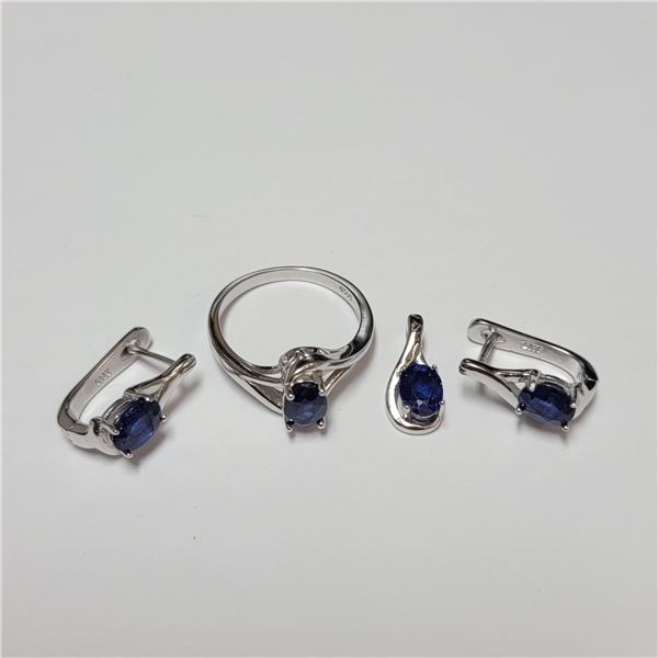 BZ390-106 SILVER SAPPHIRE RING EARRING AND PENDANT
