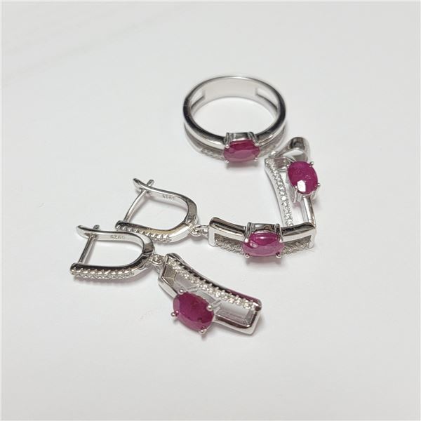 BZ390-108 SILVER RUBY RING EARRING AND PENDANT  SE