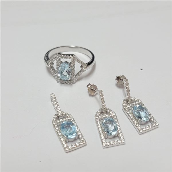 BZ390-113 SILVER BLUE TOPAZ RING EARRING AND PENDA