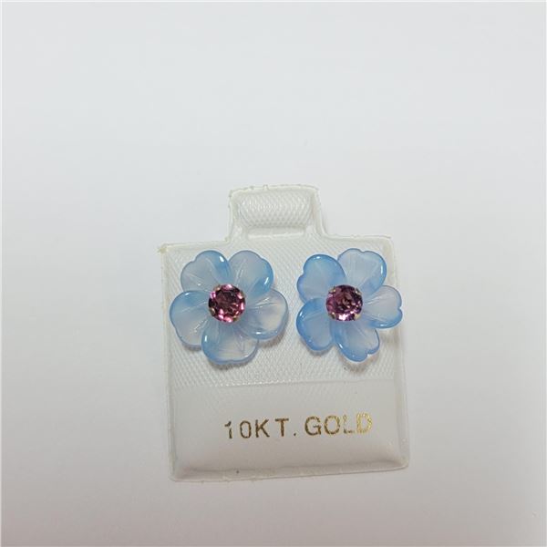 BZ390-121 10K  GARNET AND CHALCEDONY FLOWER EARRIN