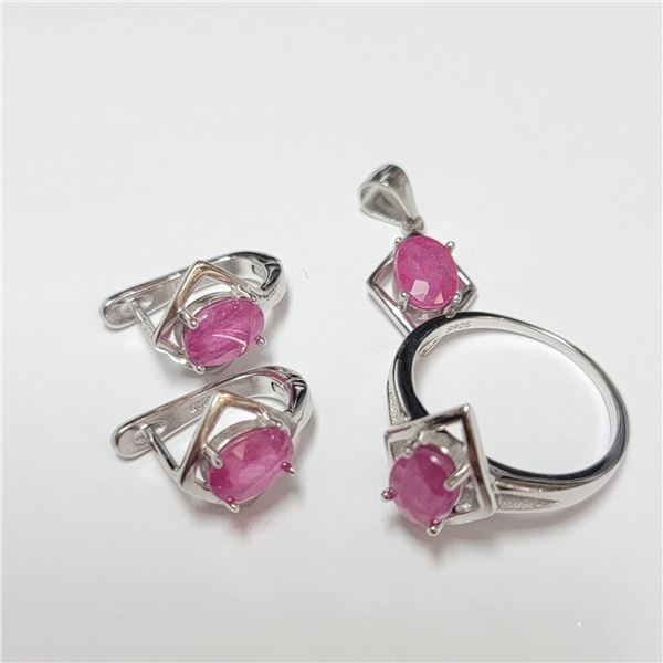 BZ390-126 SILVER RUBY RING EARRING AND PENDANT  SE