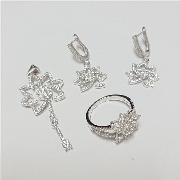 BZ390-128 SILVER CZ RING EARRING AND PENDANT SET