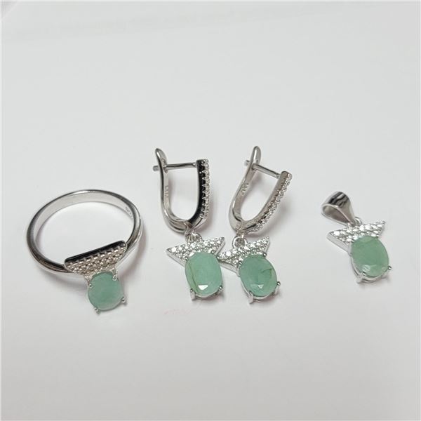 BZ390-132 SILVER EMERALD RING PENDANT AND EARRING