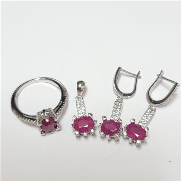 BZ390-135 SILVER RUBY RING EARRING AND PENDANT  SE