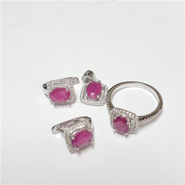 BZ390-141 SILVER RUBY RING EARRING AND PENDANT  SE