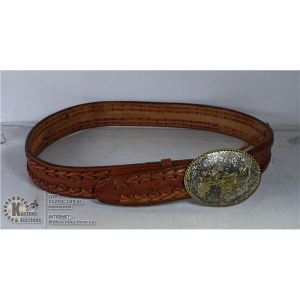 SIZE 38 LEATHER WITH ROPING SILVER BUCKLE
