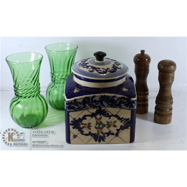 2 GREEN VASES, MCM WOOD SALT & PEPPER & CONTAINER