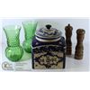 Image 1 : 2 GREEN VASES, MCM WOOD SALT & PEPPER & CONTAINER