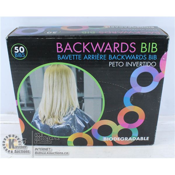 BIODEGRADEABLE BACKWARDS BIB FOR HAIR CUTTING.