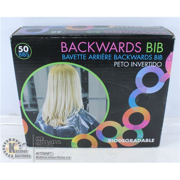 BIODEGRADEABLE BACKWARDS BIB FOR HAIR CUTTING.