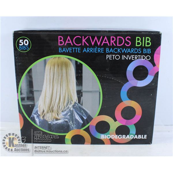 BIODEGRADEABLE BACKWARDS BIB FOR HAIR CUTTING.