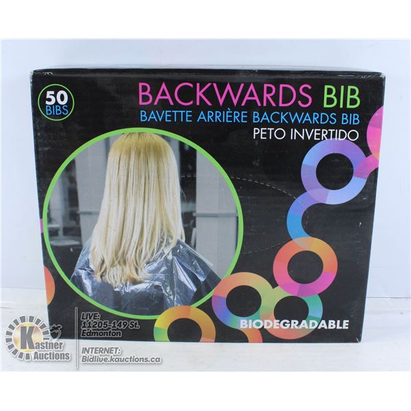 BIODEGRADEABLE BACKWARDS BIB FOR HAIR CUTTING.