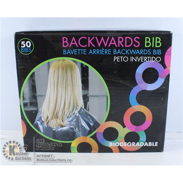 BIODEGRADEABLE BACKWARDS BIB FOR HAIR CUTTING.
