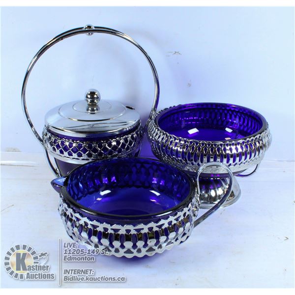 THREE COBALT BLUE SERVING PIECES.