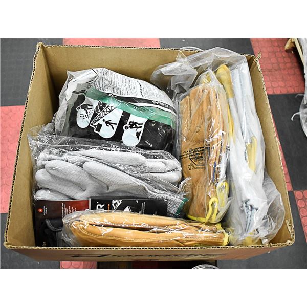 BOX LOT OF WORK GLOVES AND HARD HAT