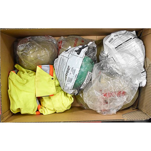 BOX LOT OF HIGH VIS VESTS AND NEW HARD HATS