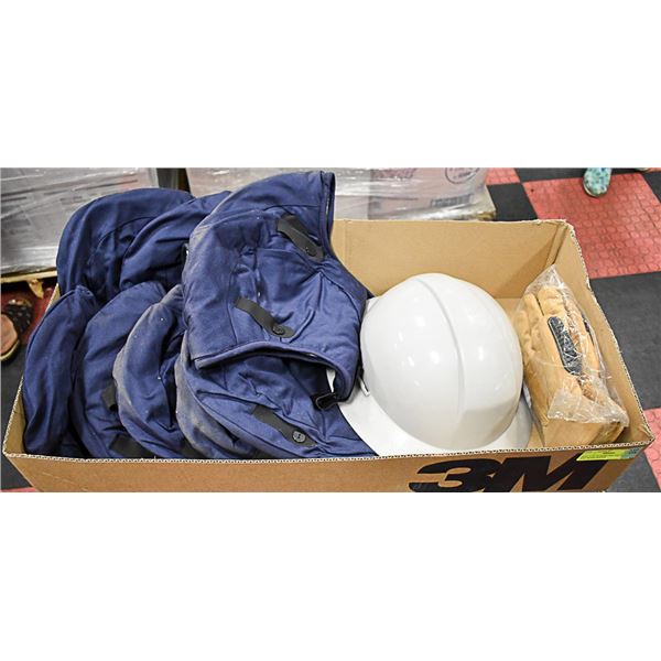 FLAT LOT OF HARD HAT GLOVES AND WORK HOODS