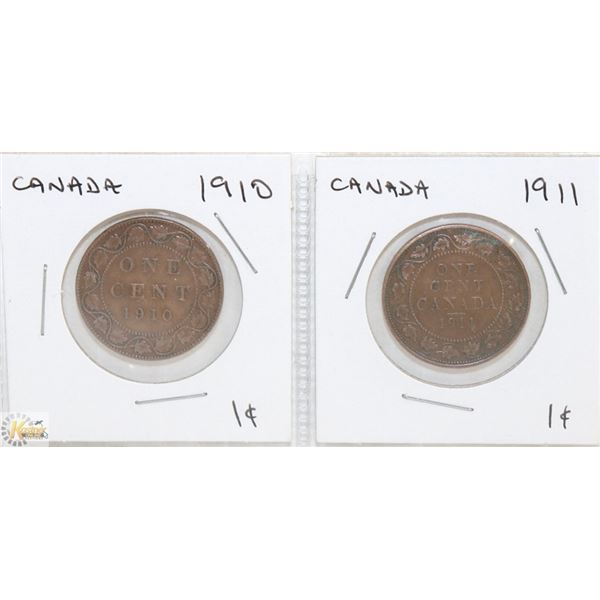 CANADIAN 1910 AND 1911 ONE CENT COINS.
