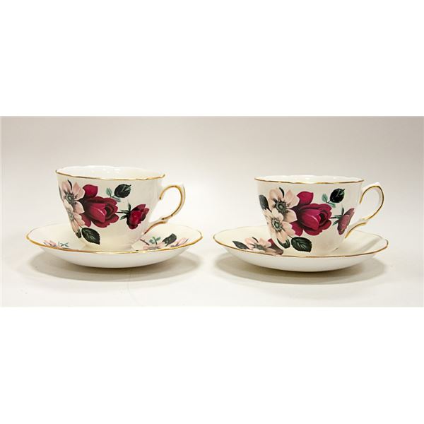 2 SETS QUEEN ANNE ROSES TEA CUP & SAUCERS BONE