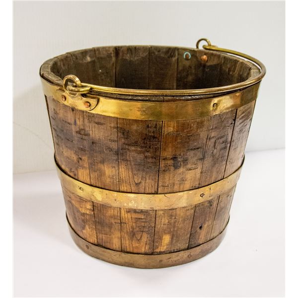 ANTIQUE WOOD BUCKET W/ BRASS ACCENTS
