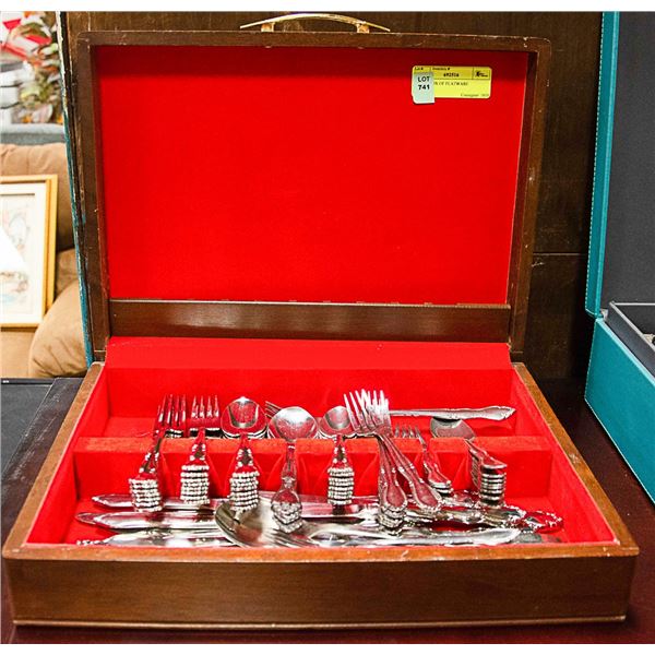 WOOD BOX OF FLATWARE