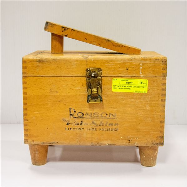 VINTAGE SHOESHINE COMPLETE KIT AND 3 SHOE FORMS