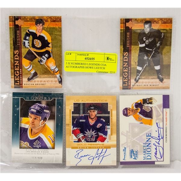 5 X NUMBERED LEGENDS COA AUTOGRAPHS HOWE LEETCH
