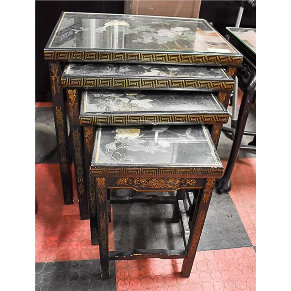 BLACK TABLE SET W/4 TABLES W/GLASS TOPS