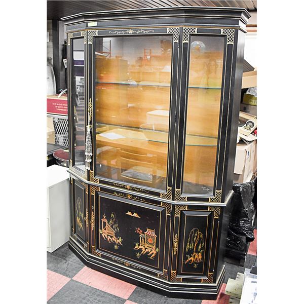 BLACK CHINA CABINET W/ ASIAN DECORATIVE DESIGN