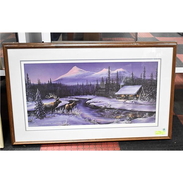 WINTER SCENE LARGE PHOTO W/CABIN AND DEER