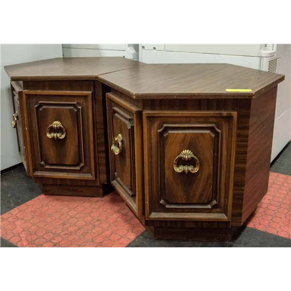 PAIR OF VINTAGE OCTAGON WOOD END TABLES W/ BRASS