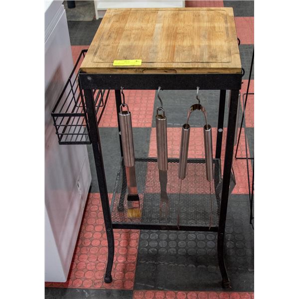 BAR-B-Q STAND WITH UTENSILS AND SHELVES